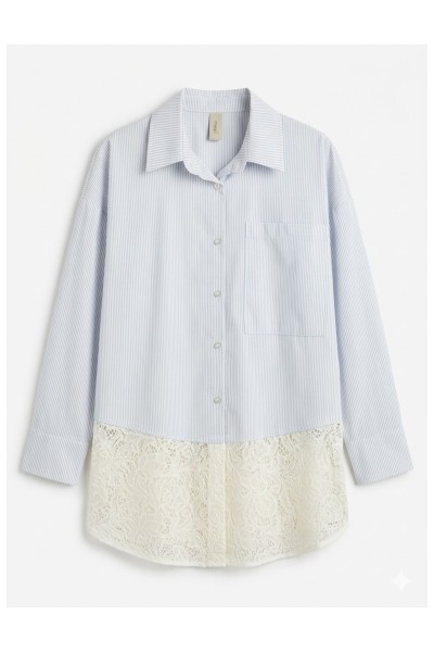 Blue Striped Shirt with Lace Hem Detail