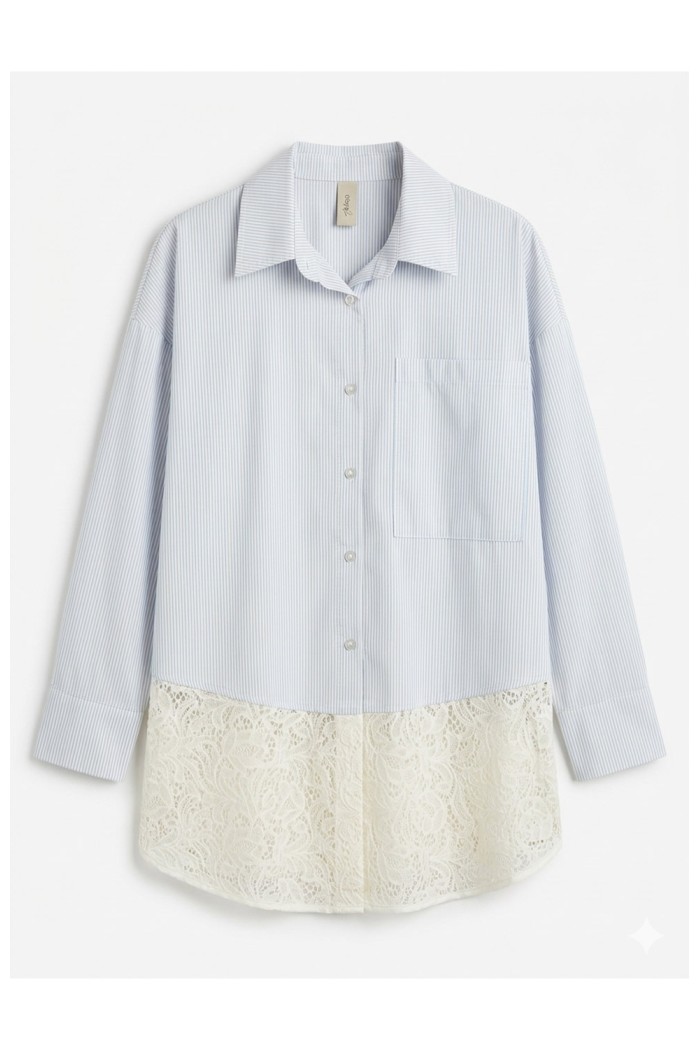 Blue Striped Shirt with Lace Hem Detail