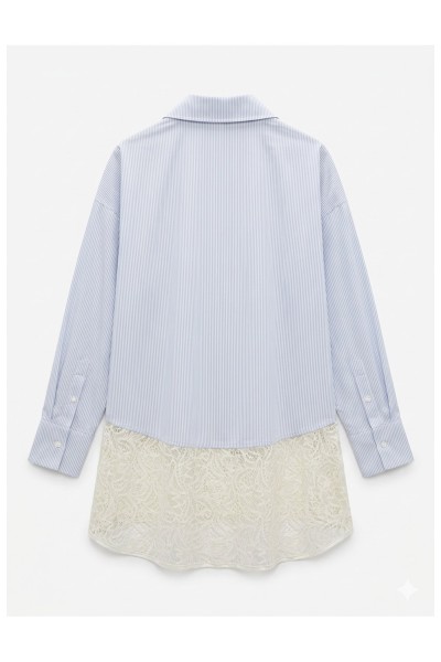 Blue Striped Shirt with Lace Hem Detail