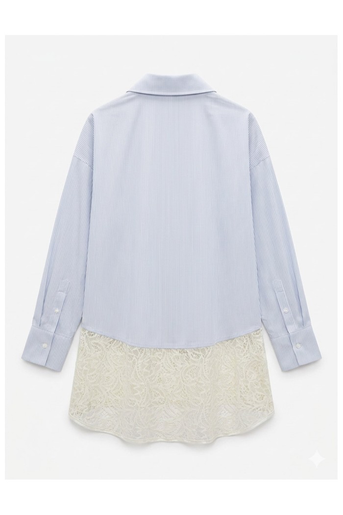 Blue Striped Shirt with Lace Hem Detail