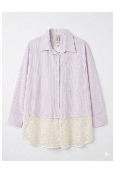 Pink Striped Shirt with Lace Hem Detail