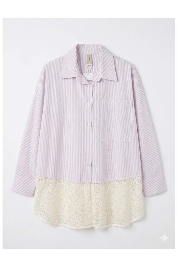 Pink Striped Shirt with Lace Hem Detail