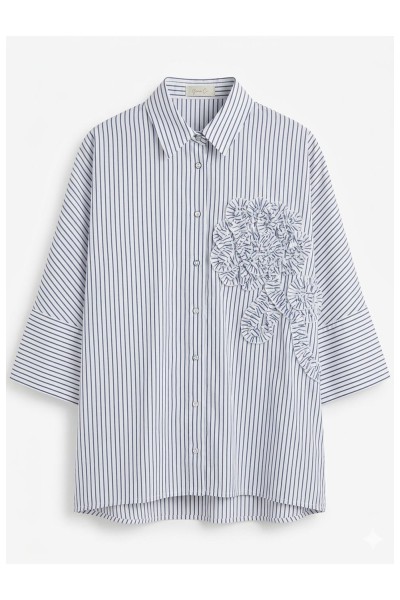Striped Oversized Shirt with 3D Floral Appliqué