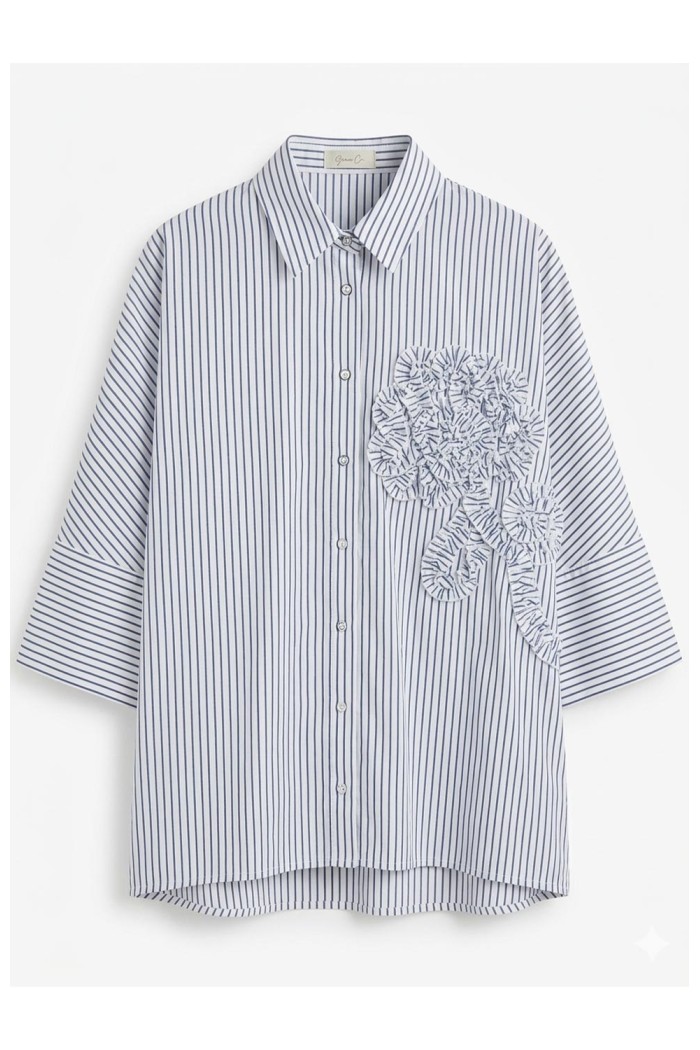 Striped Oversized Shirt with 3D Floral Appliqué