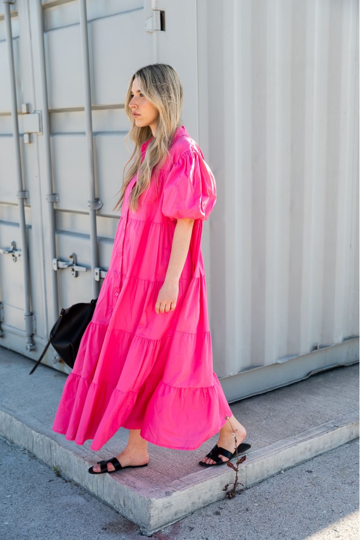 Φόρεμα με κουμπιά κοντομάνικο φούξια