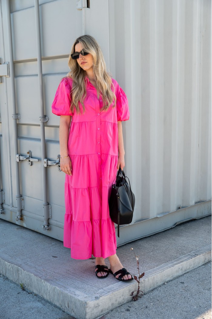 Φόρεμα με κουμπιά κοντομάνικο φούξια